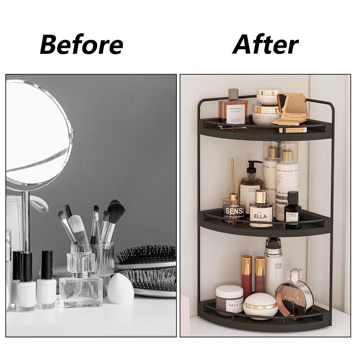 Fixwal Corner Bathroom Counter Organizer, 3 Tier Rustic Bathroom Organizer, Wood Countertop Storage Tray for Vanity, Kitchen, Bedroom (Black) Fixwal