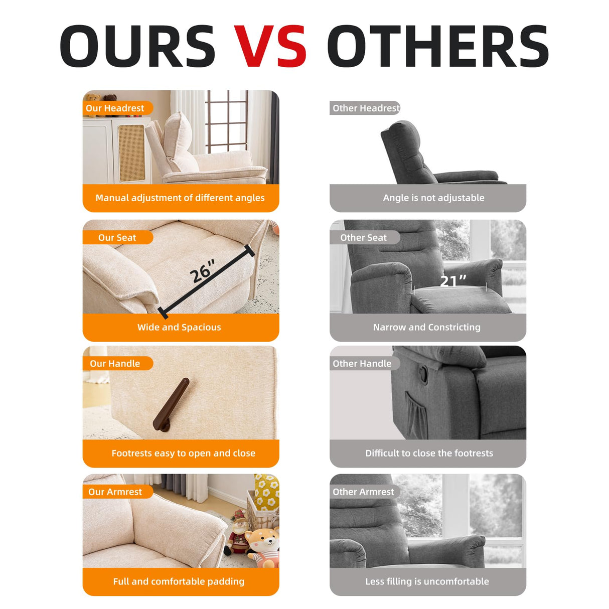 Rhevoy Oversized Recliner Chair, 26" Extra Wide 360° Swivel Rocker Recliner with Adjustable Headrest, Chenille Glider Rocking Nursery Chair with Overstuffed Armrest, Lumbar Support, Beige Rhevoy