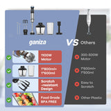 Ganiza Immersion Blender, 6 in 1 Hand Blender Stainless Steel Blade, 15 Speed Stick Blender Electric, Immersion Blender Handheld with 800ml Mixing Beaker, 600ml Chopper, Whisk, Frother, Potato Masher Ganiza