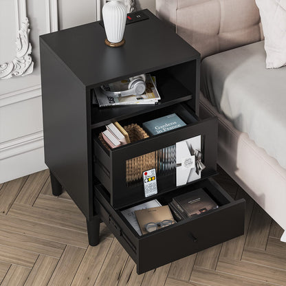 Saudism Black Nightstand with Charging Station, End Table with Glass Drawers, Night Stand with LED Lights, Wood Bedside Tables for Bedroom, 15.7”×13.7”×23.8” - WoodArtSupply