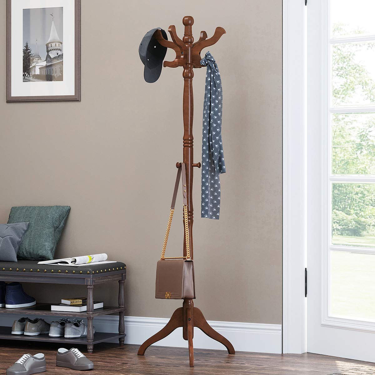 VASAGLE Coat Rack Free Standing with 11 Hooks, Wooden Hall Tree Coat Hat Tree Coat Holder with Solid Rubberwood Base for Coat, Hat, Clothes, Scarves, Handbags, Umbrella, Dark Walnut URCR05WN VASAGLE