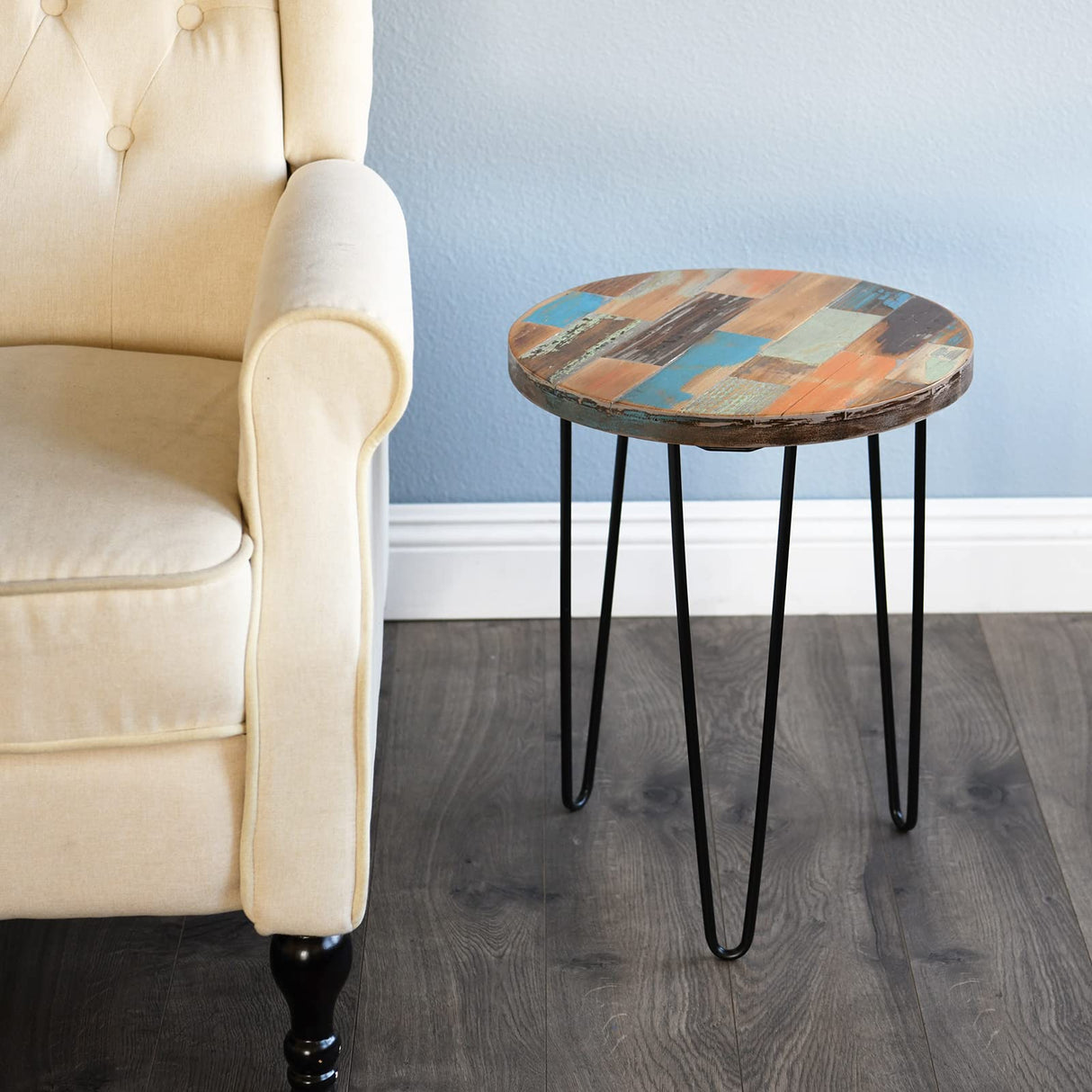 WELLAND Side Table Reclaimed Wood, Round Hairpin Leg End Table, Night Stand, Recycled Boat Wood, 20" Tall WELLAND