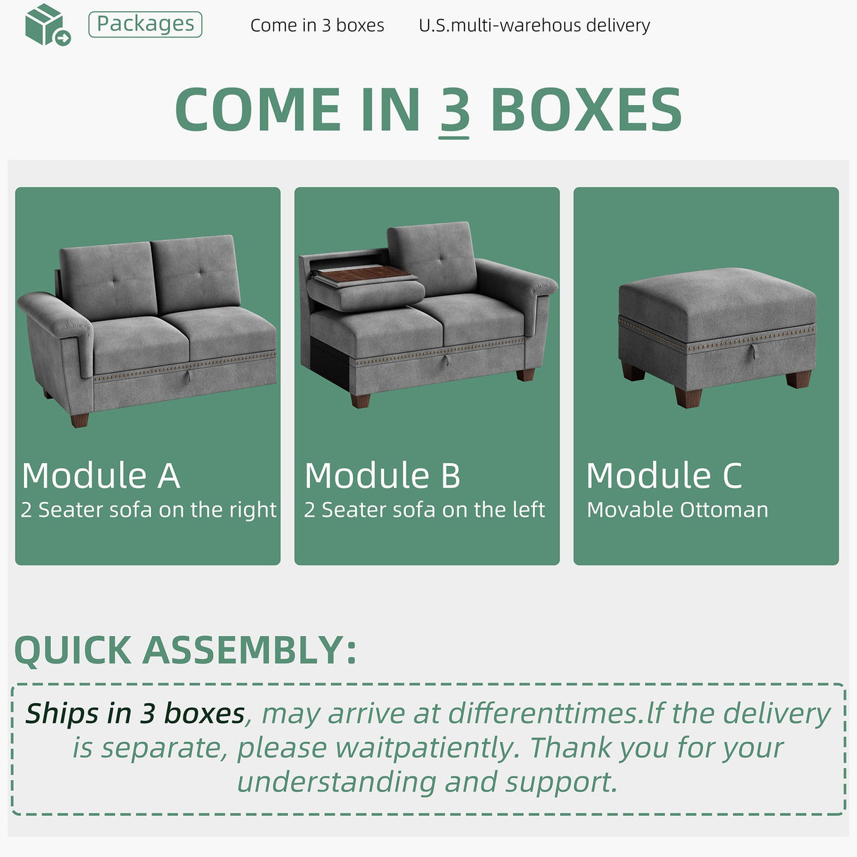 Shintenchi Sectional Couch, Convertible L Shaped Couch with Storage, Modular Sectional Sofa with Storage Ottoman for Living Room, Apartment, Office, Light Grey Shintenchi