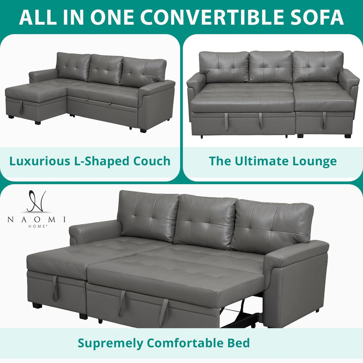 Naomi Home Transform Any Space: Sleeper Sectional Sofa with Convertible Sofa Bed & Inviting Chaise. Find Tranquil Comfort with Stress-Relieving Design & Durable Cushions - Gray/Air Leather Naomi Home