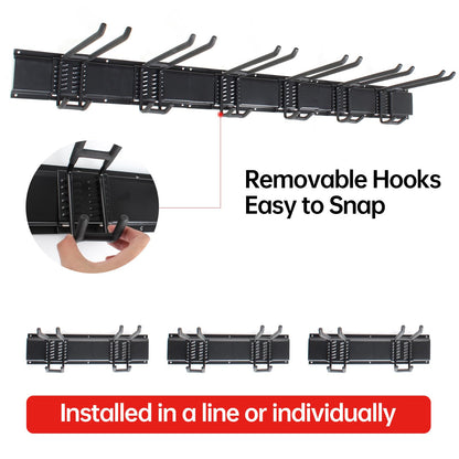 NOEAIKE Garage Storage Rack Hooks, 48 Inch Heavy Duty Wall Mount Garage Organization with 3 Rails and 6 Adjustable Double Wall Hooks,Hanging Shelves for Garden Tool/Broom/Mop(Black)