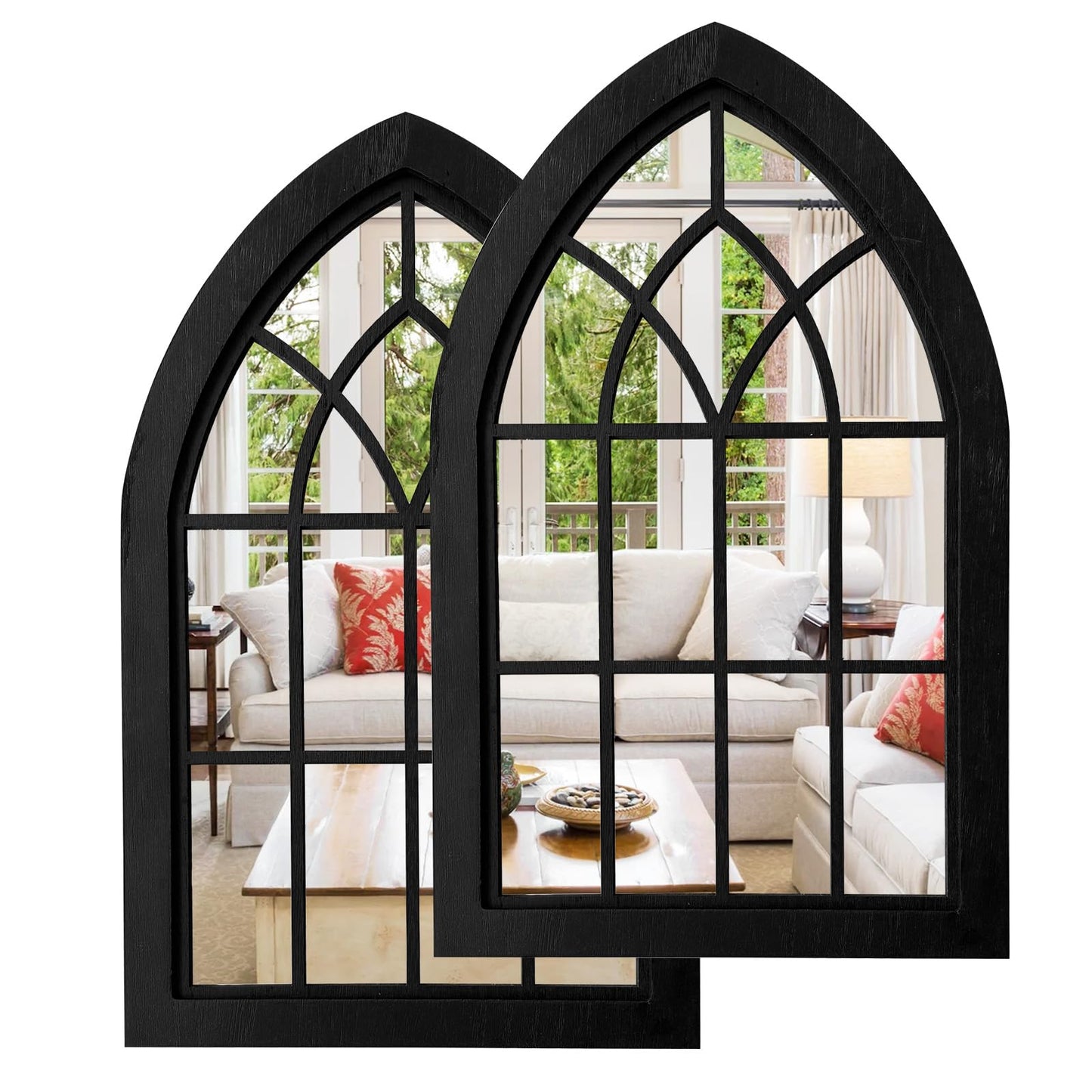 ZEXUIRU 2PCS Arched Window Wall Mirror,Rustic Farmhouse Accent Mirror, Wood Framed Entry Mirror for Living Room,Bathroom,Bedroom,Kitchen,15.5 * 9.8 Inch