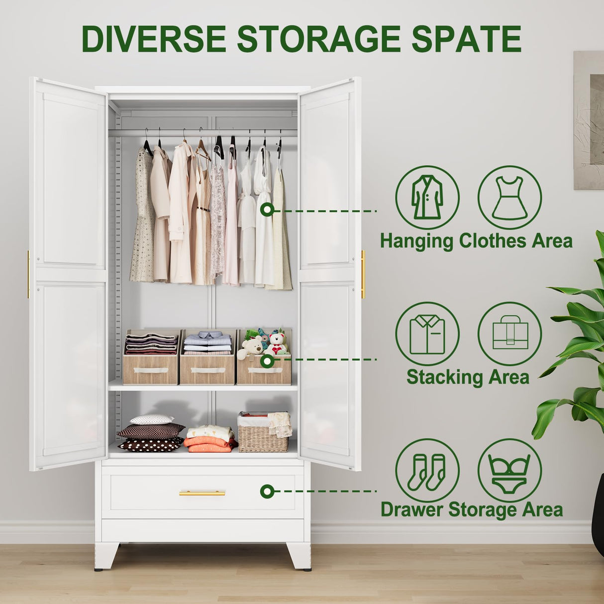 winiowa Metal Armoire Wardrobe Closet with Drawer, 71" Wardrobe Cabinet with Adjustable Shelves and Hanging Rod, Clothing Storage Cabinet Closet with Mirror for Bedroom-White winiowa