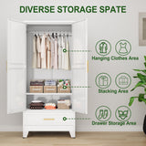 winiowa Metal Armoire Wardrobe Closet with Drawer, 71" Wardrobe Cabinet with Adjustable Shelves and Hanging Rod, Clothing Storage Cabinet Closet with Mirror for Bedroom-White winiowa