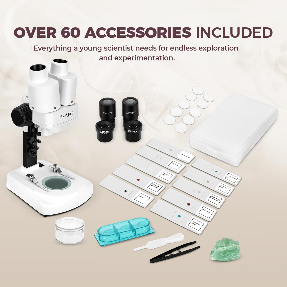 ESAKO Dual LED Kids Microscope - 52+ Piece Science Kit with Mineral & Insect Specimens, 10 Prepared Slides & 10 DIY Blank Slides, Microscope kit for Kids 8-12 ESAKO