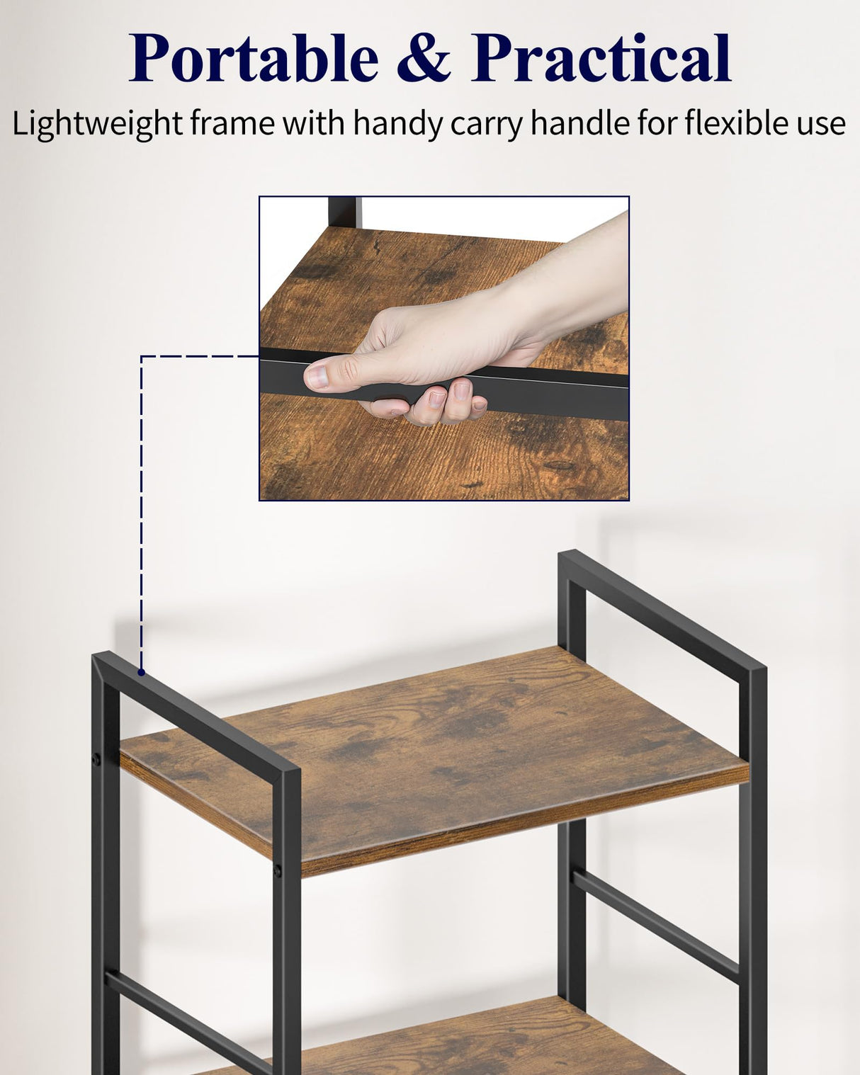 Kitsure 3-Tier Book Shelf - Wood & Metal Bookshelf with Handle & Adjustable Feet, Lightweight Bookcase for Living Room, Bedroom, Kitchen, Office or Dorm (16.5"×11.0"×28.1") Kitsure