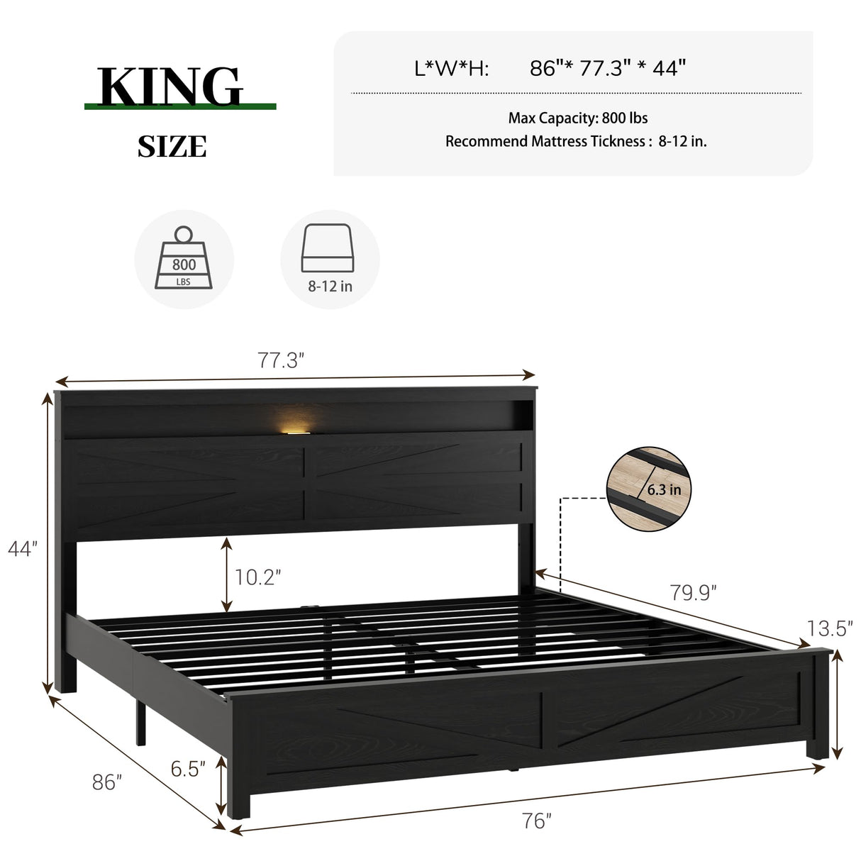 PAUKIN King Size Bed Frame with Headboard, Rustic Farmhouse Wood Bed Frame with LED Lights and Charging Station, Easy Assembly, No Box Spring Needed (Black, King) PAUKIN
