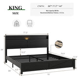 PAUKIN King Size Bed Frame with Headboard, Rustic Farmhouse Wood Bed Frame with LED Lights and Charging Station, Easy Assembly, No Box Spring Needed (Black, King) PAUKIN