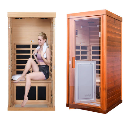 Xmatch Far Infrared Wooden Sauna Canadian Red Cedar, 1-Person Size, with 1350W, 8 Low EMF Heaters & 2 Bluetooth Speakers