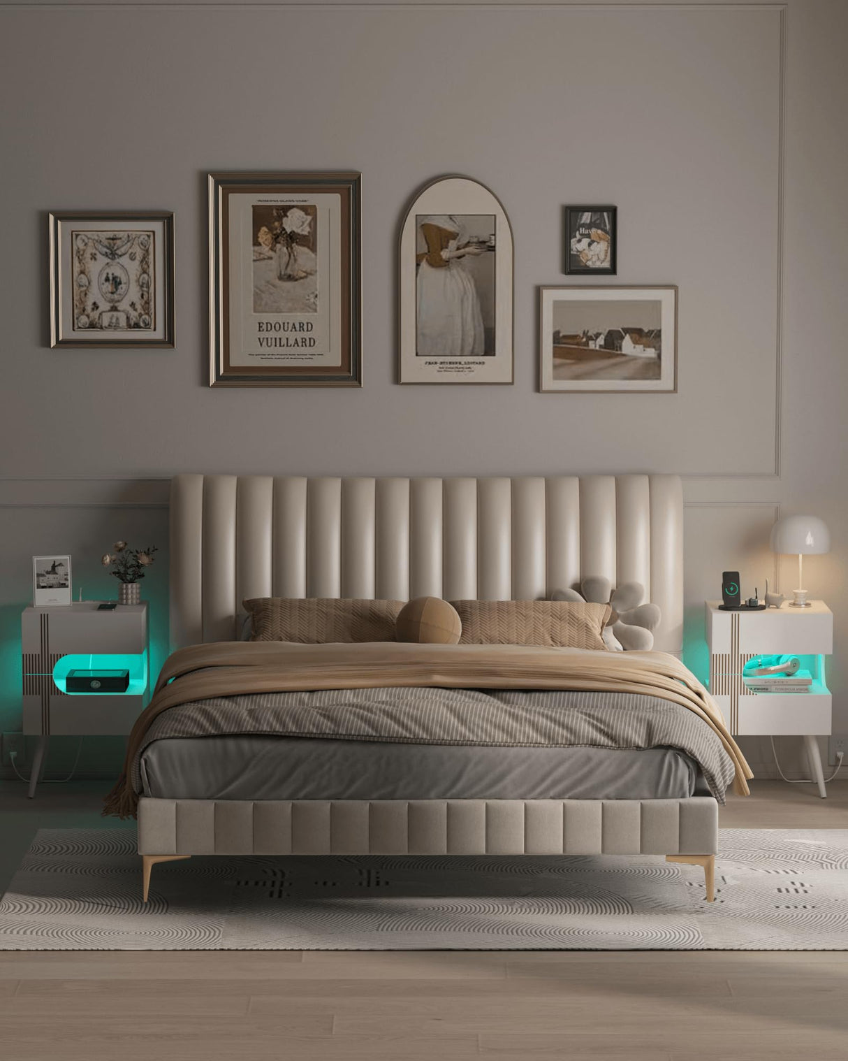 JOONEE White Nightstand with Charging Station and LED Lights,Modern Bedside Table with 2 Storage Drawer,Night Stand with Solid Wood Legs,White (White-2) JOONEE