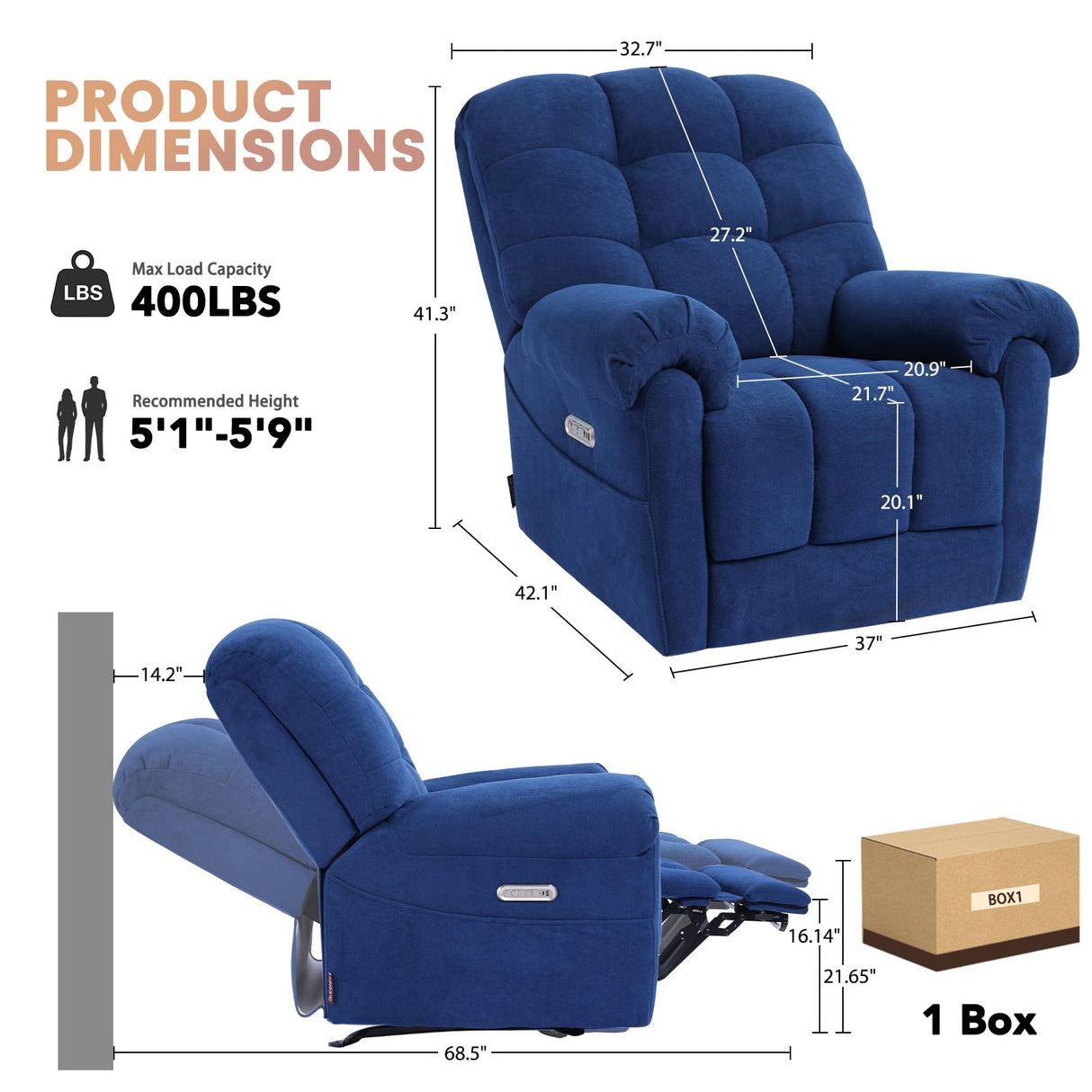 EONIX Power Rocker Recliner Chair, Lazy Boy Recliner Rocking Chair for Adults and Nursery, Electric Recliner Chair with Heat and Massage for Living Room, Bedroom, Study Room, Relaxation, Navy Blue EONIX