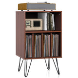 Giantex Record Player Stand, Turntable Stand Holds up to 150 Albums, Mid-Century Vinyl Storage Cabinet Table with Metal Legs, Record Player Holder End Table for Bedroom Living Room, Brown Giantex