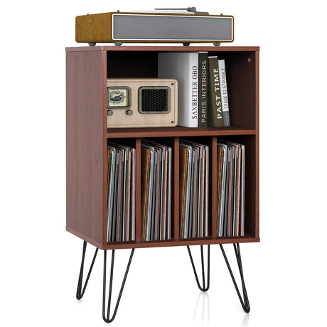 Giantex Record Player Stand, Turntable Stand Holds up to 150 Albums, Mid-Century Vinyl Storage Cabinet Table with Metal Legs, Record Player Holder End Table for Bedroom Living Room, Brown Giantex