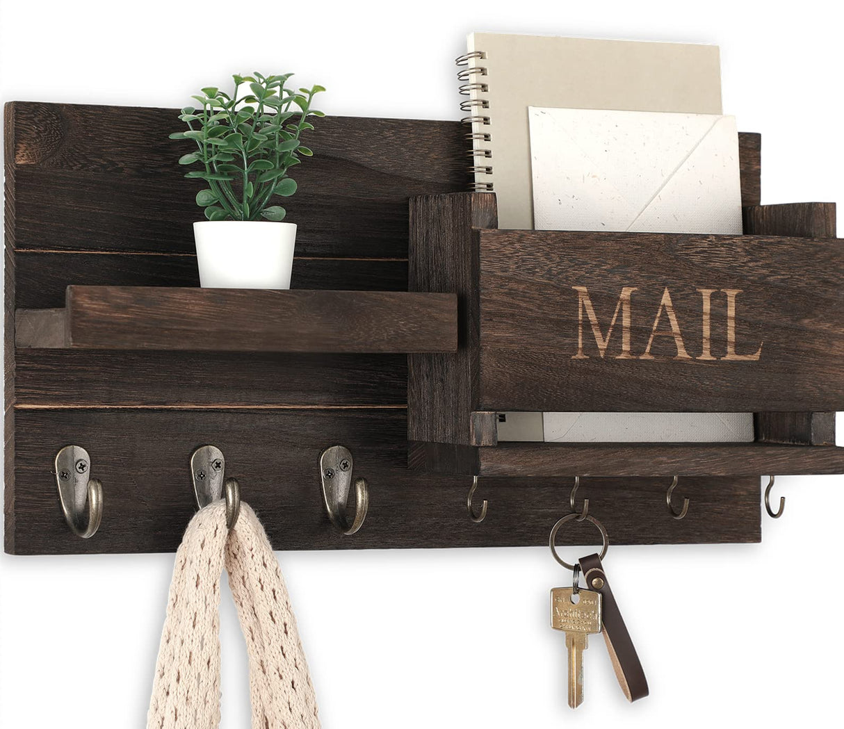 Lwenki Mail Organizer for Wall Mount – Key Holder with Shelf Includes Letter Holder and Hooks for Hallway Farmhouse Decor – Rustic Wood with Flush Mounting Hardware (16.5” x 9.1” x 3.4”) (Brown) Lwenki