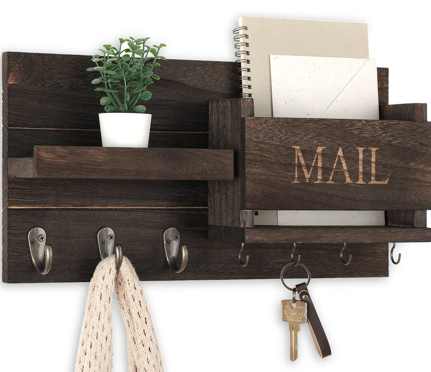 Lwenki Mail Organizer for Wall Mount – Key Holder with Shelf Includes Letter Holder and Hooks for Hallway Farmhouse Decor – Rustic Wood with Flush Mounting Hardware (16.5” x 9.1” x 3.4”) (Brown)