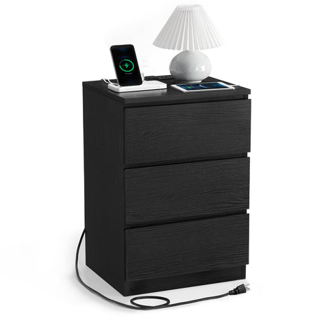 VASAGLE Nightstand with Charging Station, 2 AC Outlets and 2 USB Ports, Bedside Table, Side Table with 3 Drawers, Modern Style, 13.8 x 15.7 x 23.2 Inches, Ebony Black ULET631B58 VASAGLE