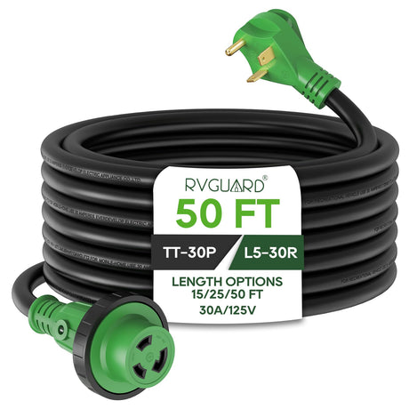 RVGUARD 30 Amp 50 Foot RV Power Extension Cord, Heavy Duty STW Cord with LED Power Indicator and Cord Organizer, 30 Amp Male Standard to 30 Amp Female Locking Connector, Green, ETL Listed RVGUARD