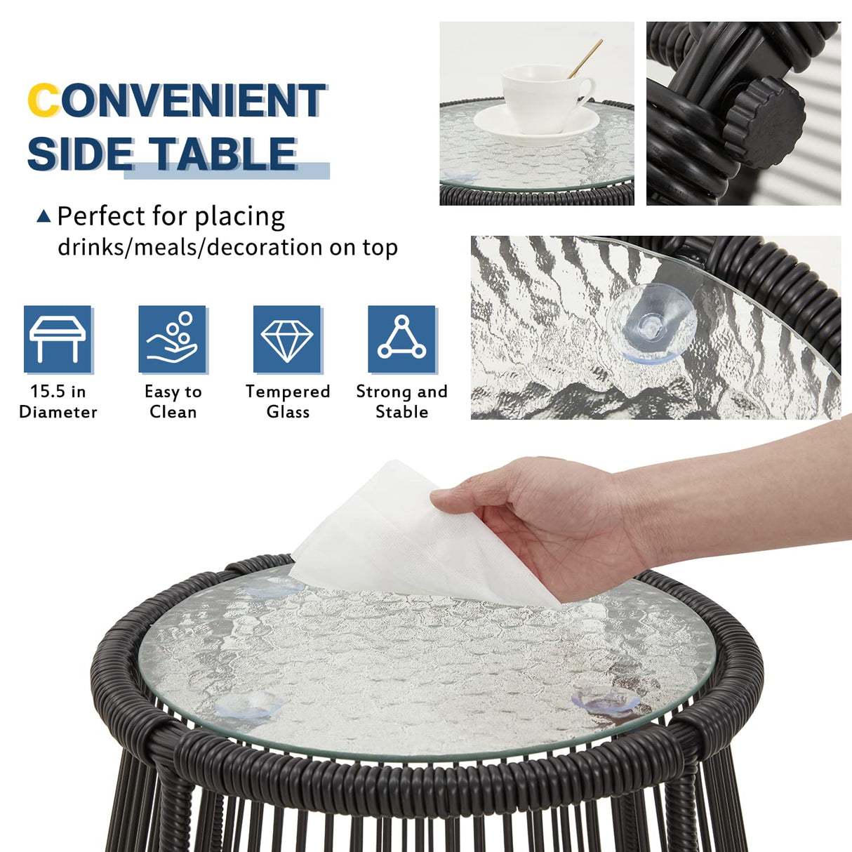 EROMMY 3 Piece Patio Conversation Sets, L-Shaped Sectional Patio Furniture Sofa Set with Thick Cushions and Toughened Glass Coffee Table for Backyard Balcony Garden Porch, Black EROMMY