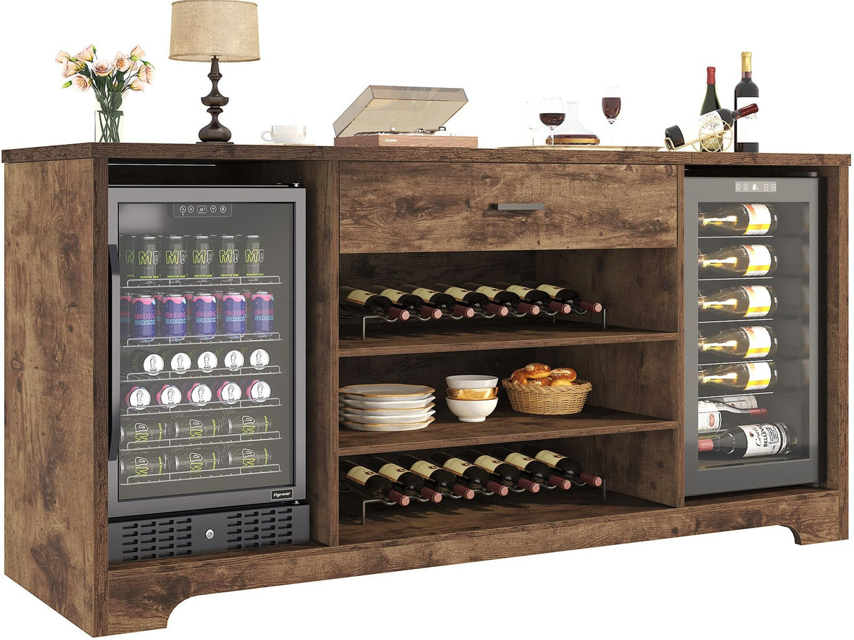 HSH Bar Cabinet with Mini Fridge Space, 70.9” Large Wood Wine Cabinet with Cooler Space, Farmhouse Long Liquor Cabinet with Drawer Storage, Metal Sideboard Buffet for Kitchen Dining Room, Rustic Brown HSH