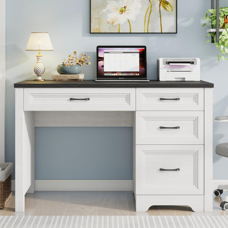 Halitaa Farmhouse Executive Desk with Drawers, Wood Computer Desk with Ample File Drawer, Rustic Home Office Desk with Storage for Bedroom, Living Room, Black Halitaa