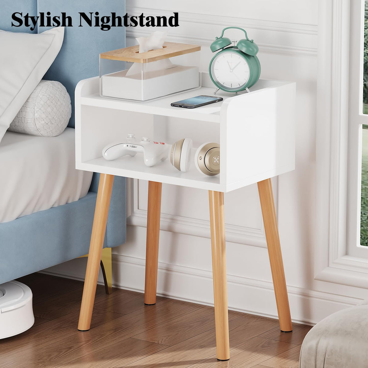LUCKNOCK Night Stand, Modern Bedside Tables, Mid Century Nightstands with Open Storage Shelf, Wood Bedside Table, Small Night Stands for Bedroom, High Night Table, White. LUCKNOCK