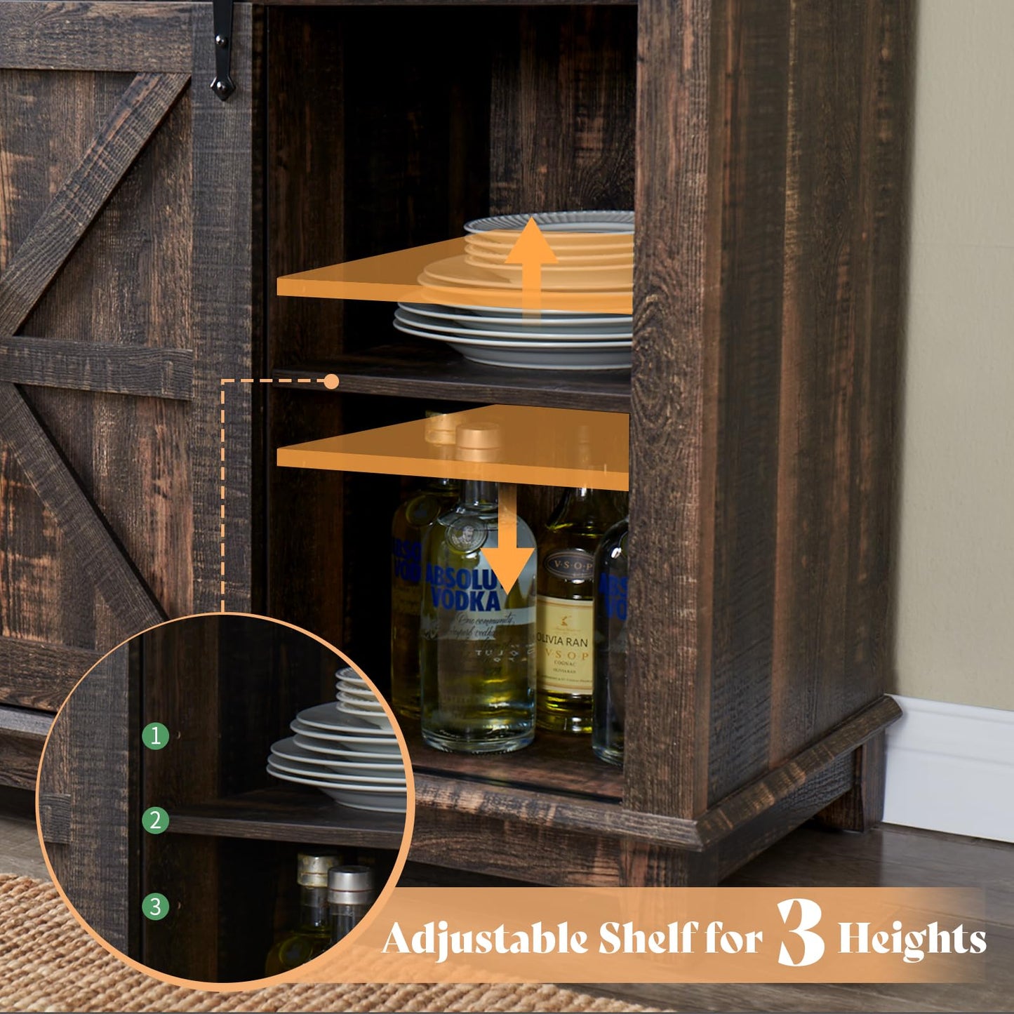 AMERLIFE Coffee Bar Cabinet with Sliding Barn Door, 72'' Farmhouse Kitchen Sideboard, Buffet Storage Table, Wine Glass Racks, 3 Drawers, LED Lights, Tall Hutch Home Bar Dark Rustic Oak - WoodArtSupply