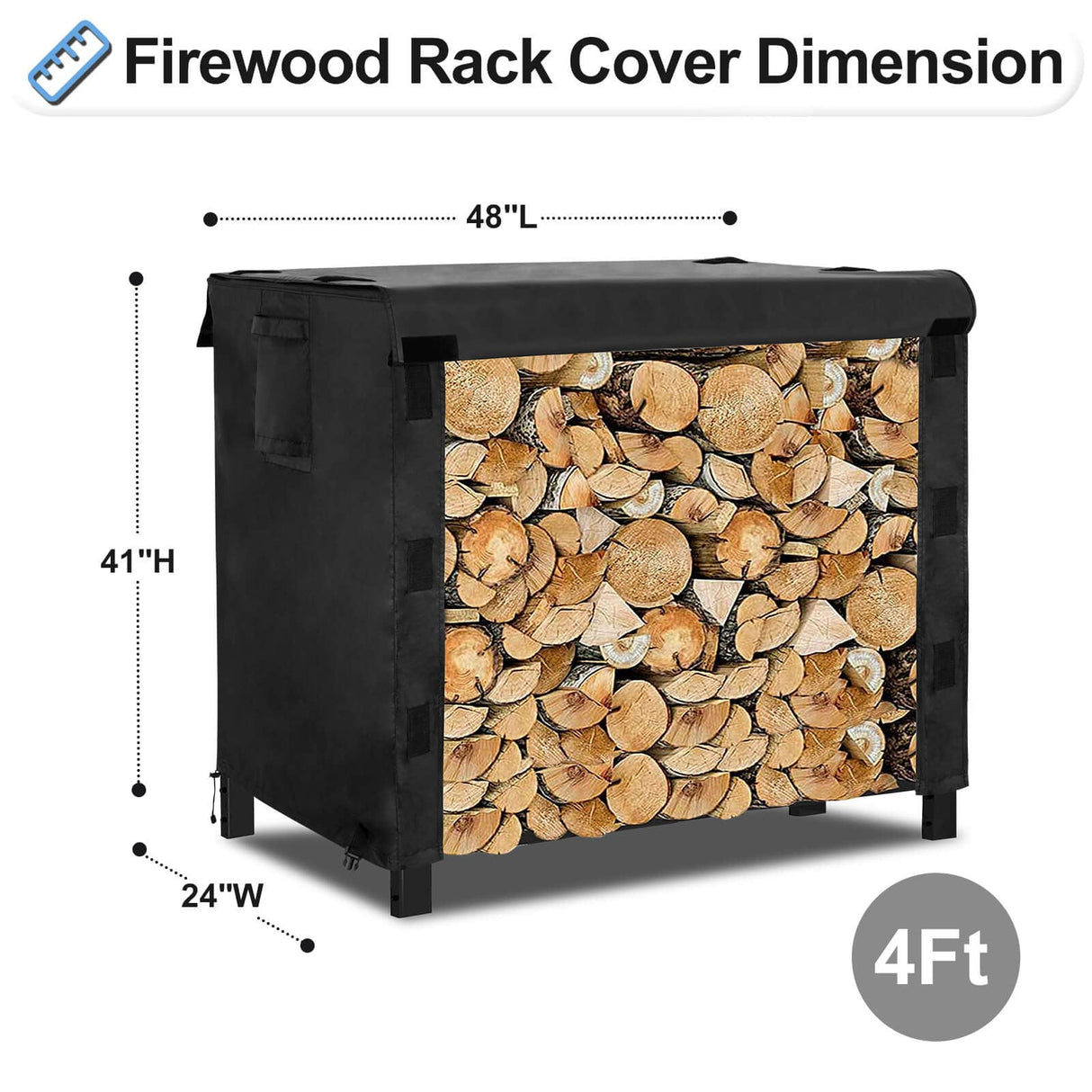 OutdoorLines Firewood Rack Cover, Black, 4FT, 420D Oxford Fabric, Waterproof, Windproof, for 48x24x41in Firewood Holder OutdoorLines