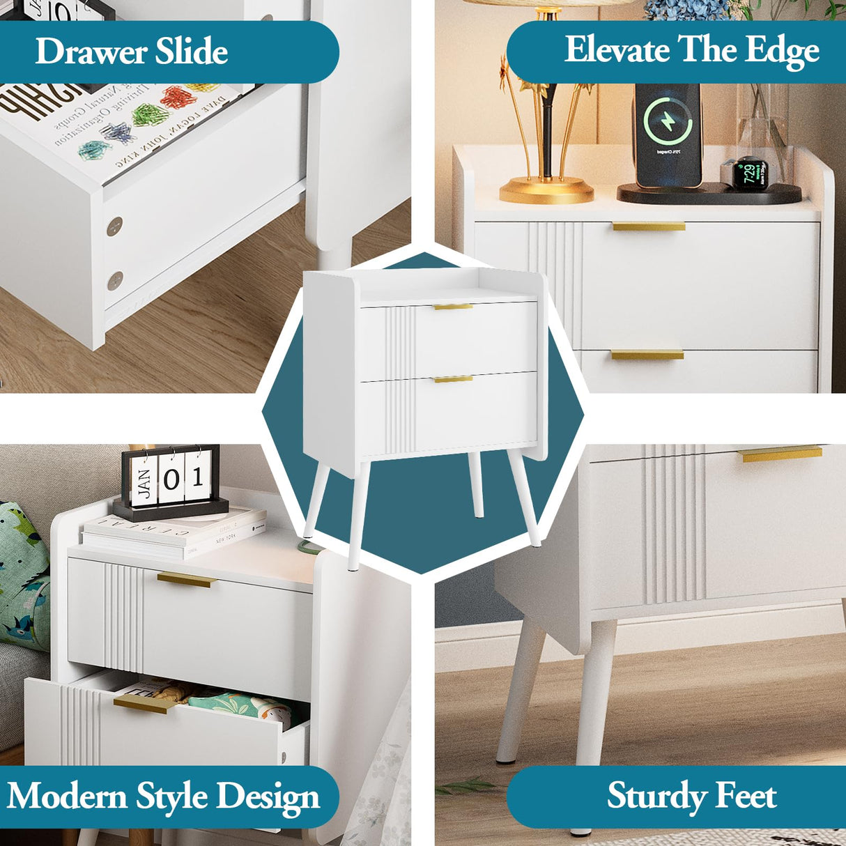 Aenuert White Nightstand Modern Bedside Table with 2 Storage Drawer, Small Night Stand, Wooden End Table,Sofa Side Table for Bedroom,Study Room and Small Spaces Aenuert