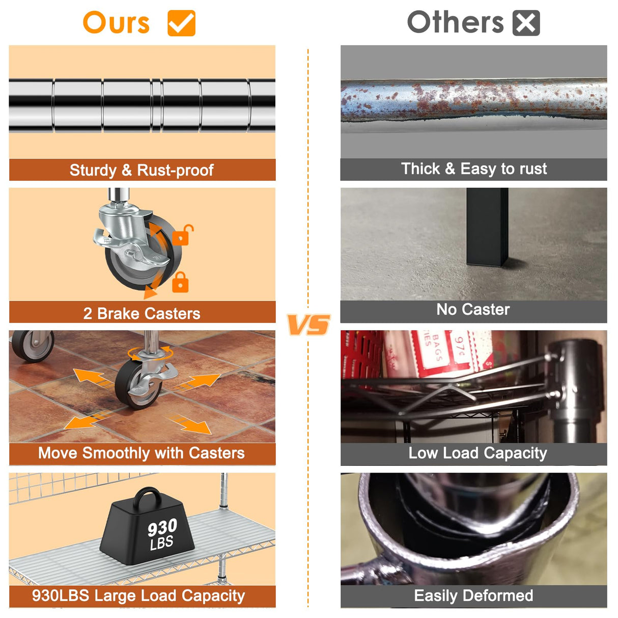 Leteuke Bakers Rack with Storage & Wheels, 42 Inch Microwave Stand Kitchen Shelves, 4-Tier Heavy Duty Storage Rack with 20 S-Hooks, Commercial Metal Utility Kitchen Cart, 42× 18× 63 Inch, Chrome Leteuke