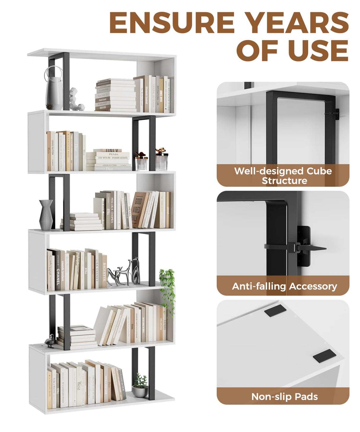 Gadroad 6-Tier S-Shaped Geometric Bookcase in White - Modern Decorative Storage Shelving for Home Gadroad