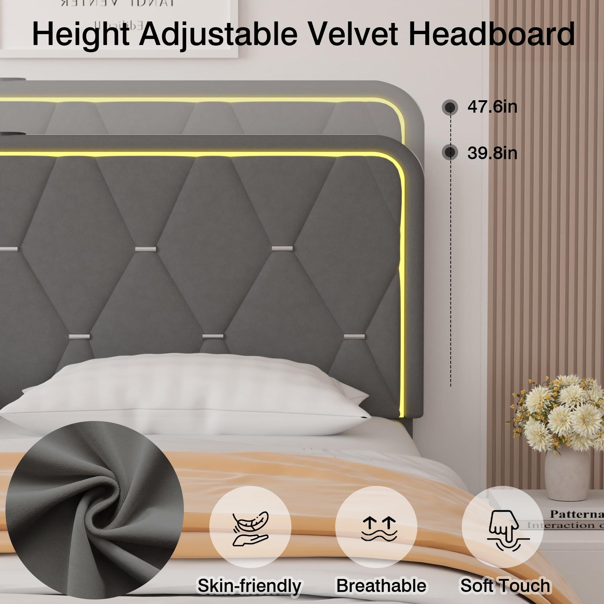 VECELO Dark Grey Upholstered Full Bed Frame with Adjustable Headboard, LED Lights & Integrated Charging Station - WoodArtSupply