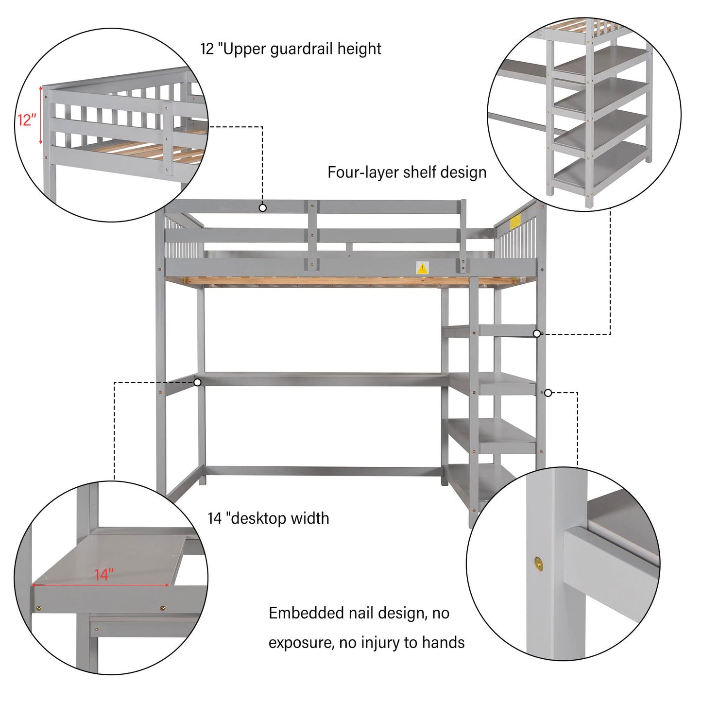 Merax Grey Twin Loft Bed with Under-Bed Desk and 4 Storage Shelves - WoodArtSupply