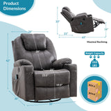 OUINCH Manual Swivel Glider Rocker Recliner Chair with Massage and Heat, 2 USB Ports, 2 Cup Holders, 2 Side Pockets and 2 Front Pockets, Bronze Suede Fabric (Grey) OUINCH