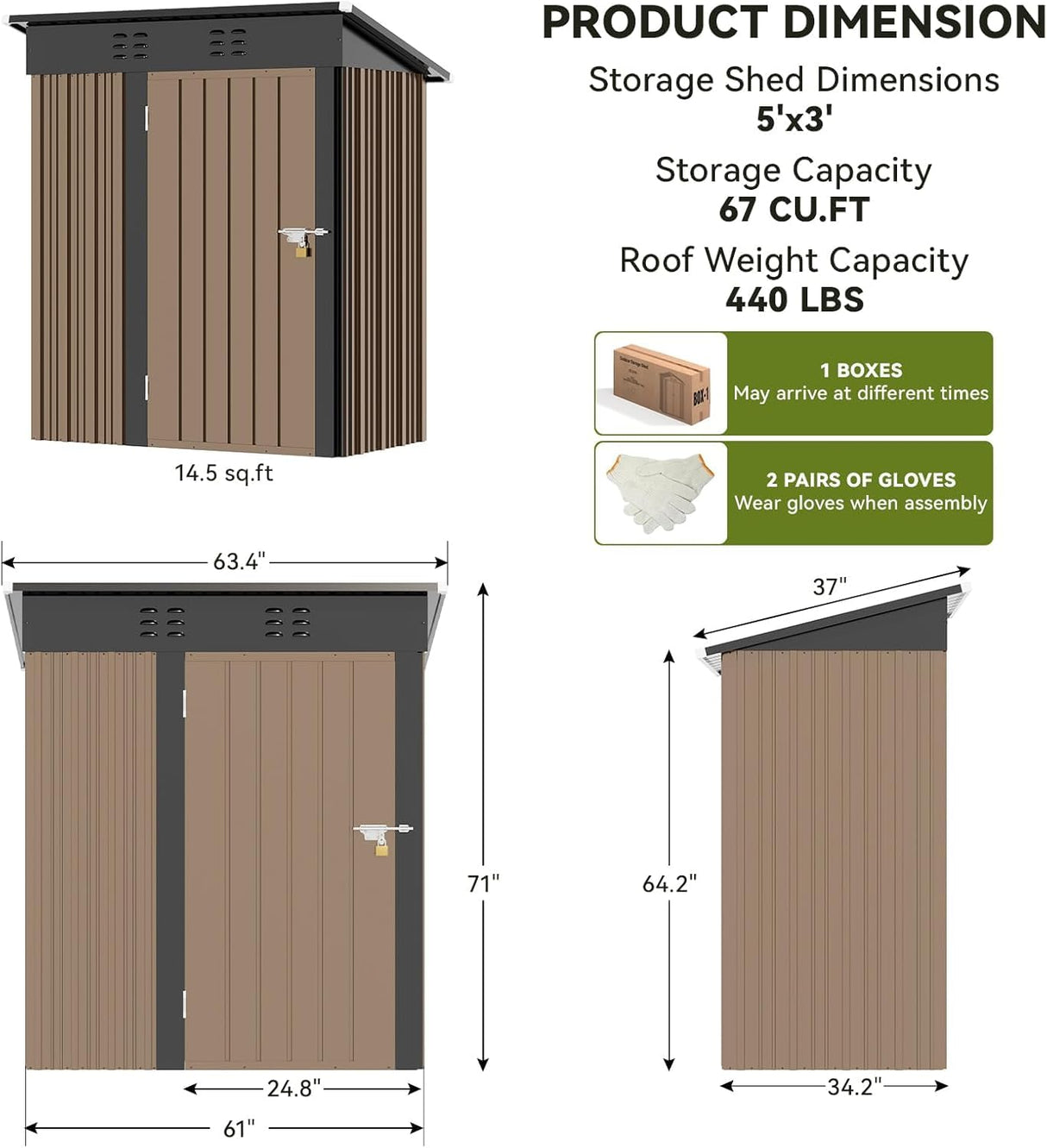 COMHOMA Shed Outdoor Storage Shed Metal,Lockable Doors Tool Sheds with Sloping Roof,Steel Garden Shed with Air Vent for Backyard,Patio,Lawn,Poolside (Brown, 5'*3') COMHOMA