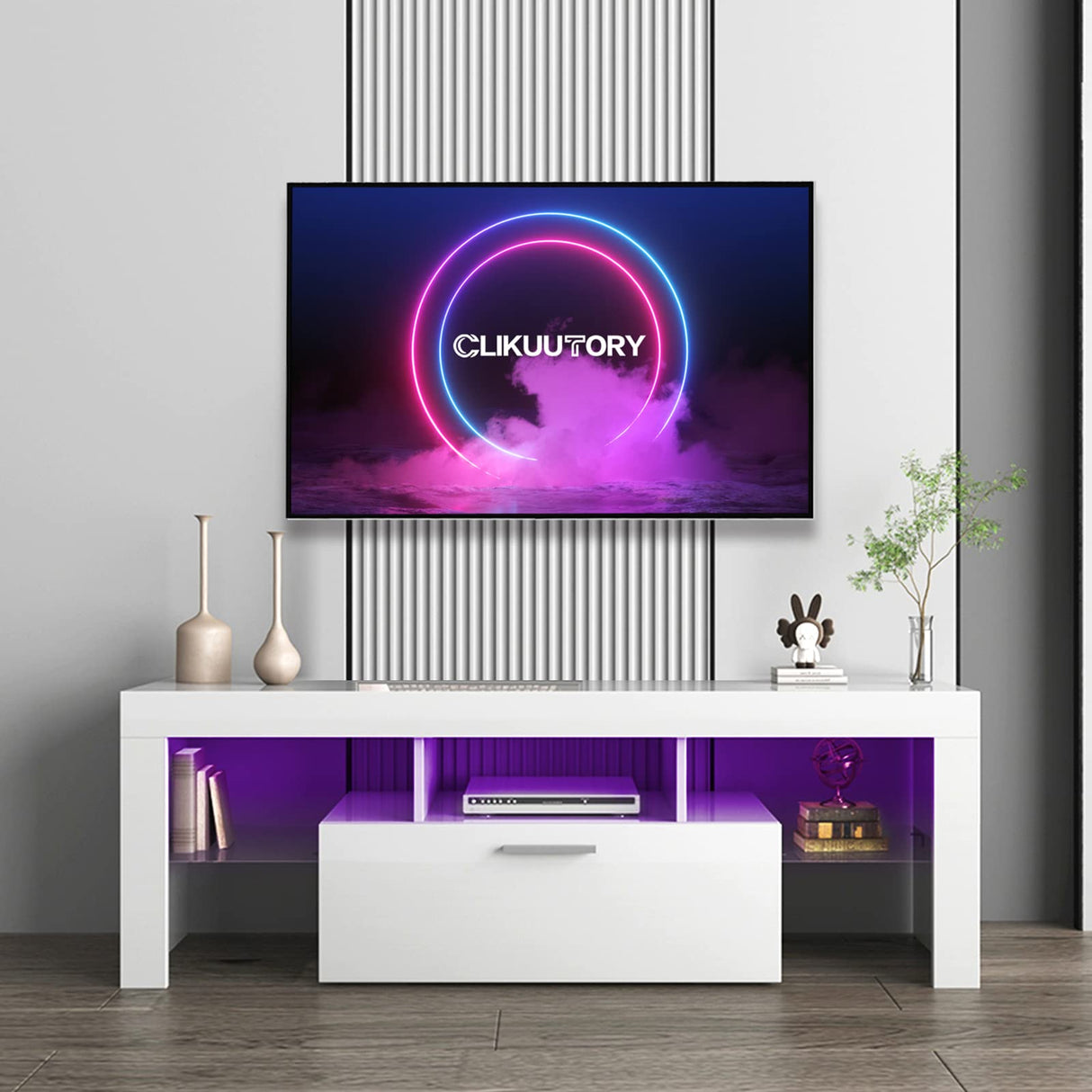 Clikuutory White LED TV Stand with Large Storage Drawer for 32 40 50 55 Inch TVs, Modern High Gloss TV Console Table with Entertainment Center for Living Room, Bedroom, White Clikuutory