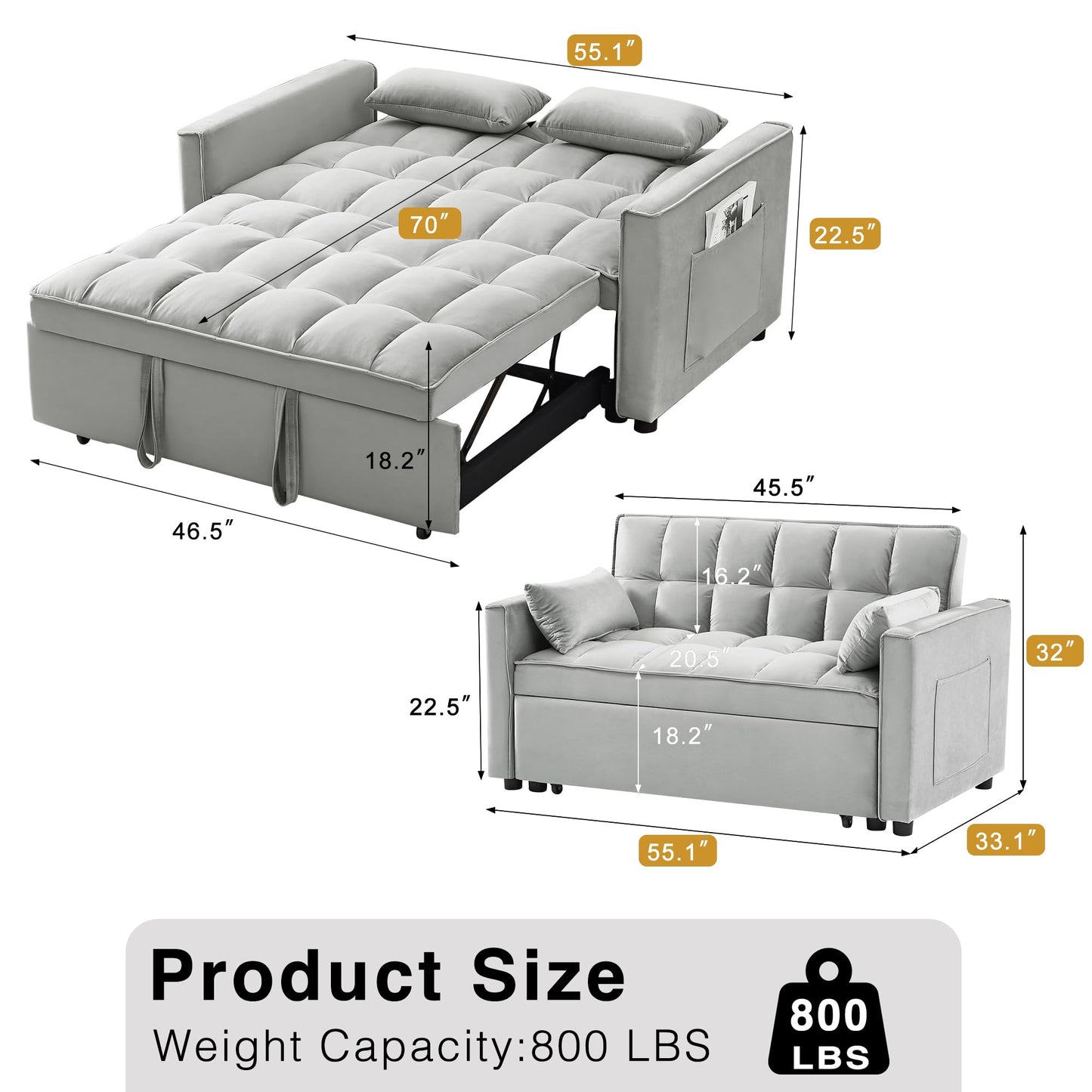 Wakefit 3 in 1 Convertible Sleeper Sofa Bed, Futon Couches for Living Room with Side Pocket | Adjustable Backrest | Velvet Fabric | Pull Out Couch | Small Loveseat | Sectional Sofa Bed(Grey)