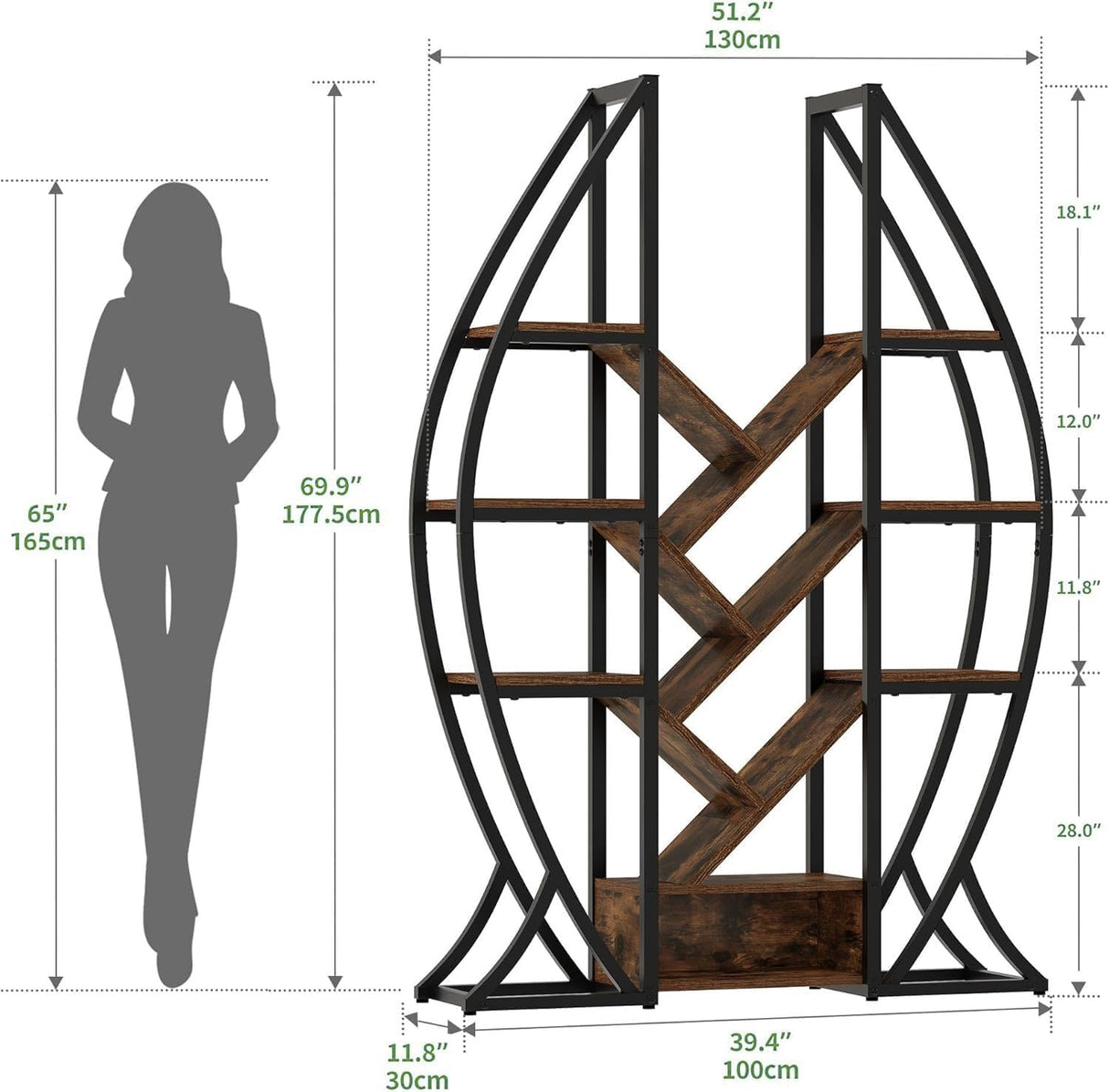 GOOBED Oval Bookshelf, Triple Wide 5 Tier Etagere Bookcase, Industrial Display Shelves Tree Bookshelf for Living Room, Bedroom, Home Office, Rustic Brown GOOBED