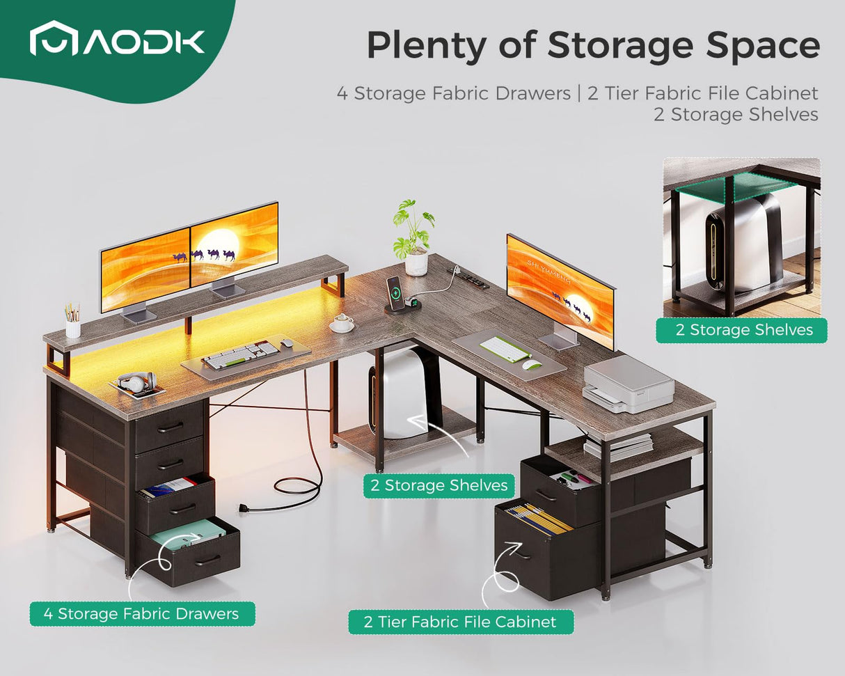 AODK 59" L Shaped Desk, 105" Computer Desk with File Cabinet & 4 Fabric Drawers, Home Office Desk with Monitor Shelf & Power Outlet, Two Person Desk or Corner Desk, Gaming Desk with LED Light, Grey AODK
