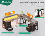 AODK 59" L Shaped Desk, 105" Computer Desk with File Cabinet & 4 Fabric Drawers, Home Office Desk with Monitor Shelf & Power Outlet, Two Person Desk or Corner Desk, Gaming Desk with LED Light, Grey AODK