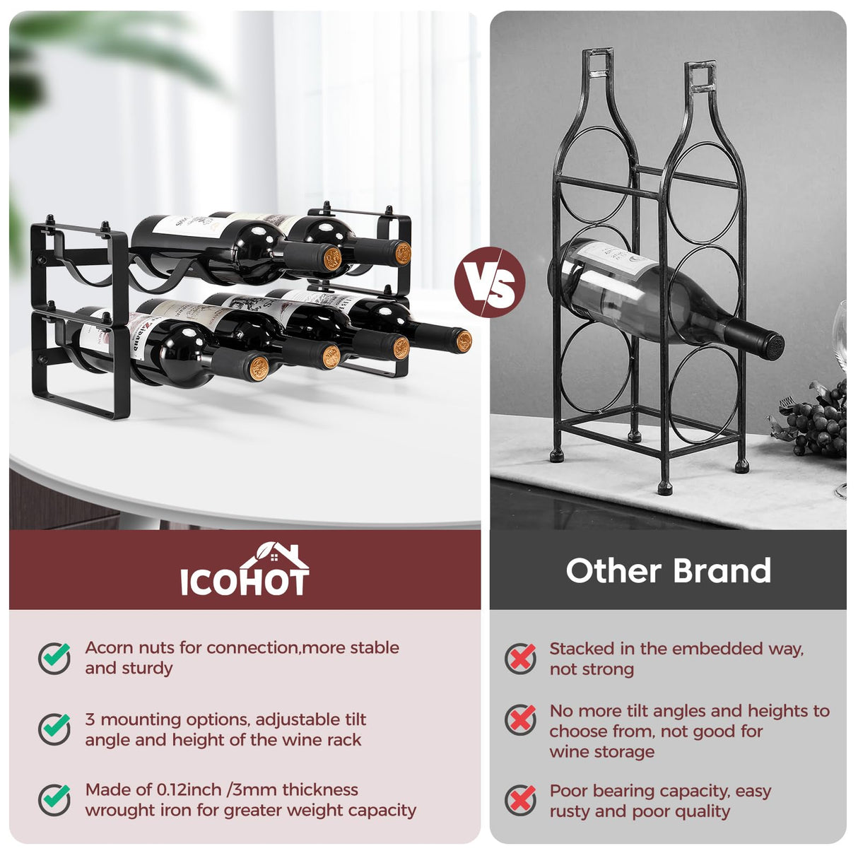 ICOHOT Stackable Wine Rack Countertop, Sturdy Wine Bottle Holder Freestanding for Cabinet, 2 Tier Small Tabletop Wine Holder Stand for Pantry Bar, Wire Wine Bottle Rack Metal Wine Storage Organizers ICOHOT