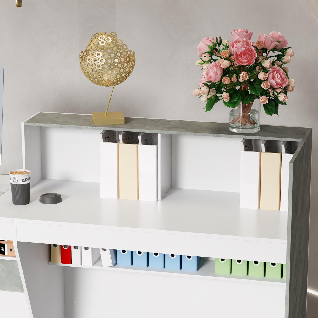 Homsee Modern Reception Desk Office Desk with Storage Shelves & Marble Texture, Retail Counter Front Desk Table for Checkout & Home Office, White & Grey Homsee
