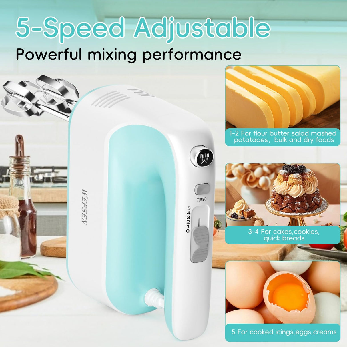 Hand Mixer Electric Handheld, 5-Speed Handheld Mixer, 380W Electric Mixer with Stainless Steel Whisk Beater Attachments, Snap-On Storage Case, Measuring Cups, Kitchen Cake Mixers for Baking Supplies WEPSEN