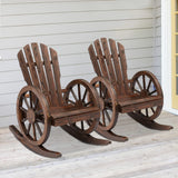 kinbor Rustic Outdoor Rocking Chairs Set of 2 - Rocker Chairs Wooden with Oversized Back and Wagon Wheel Armrest, Porch Patio Lawn Garden Furniture, Brown kinbor