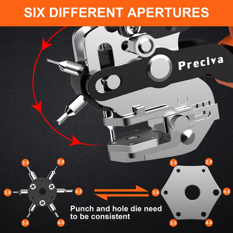 Hole Punch Plier, Preciva Revolving Punch Hole Tool with V-shaped Cutting Edge Design, 6 Hole Sizes & 20cm Stainless Steel Ruler Used for Leatherr, Belts, Thin Iron Sheets, Paper Cards, Plastics, & Fabrics Preciva