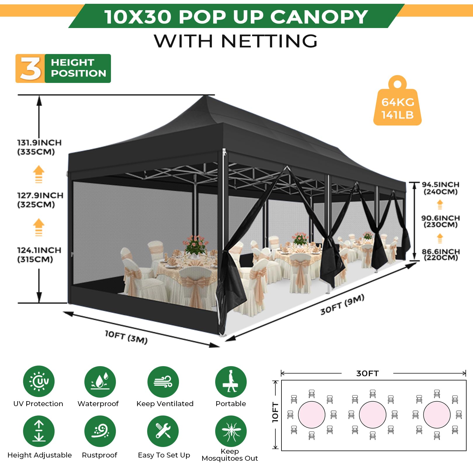 TOOLUCK 10x30 Heavy Duty Pop Up Canopy Tent with 8 Sidewalls, Commercial Gazebo Party Tent with Mosquito Netting Wall Easy Set Up Outdoor Instant Screen Tent for Backyard, Patio, Garden, Blac - WoodArtSupply