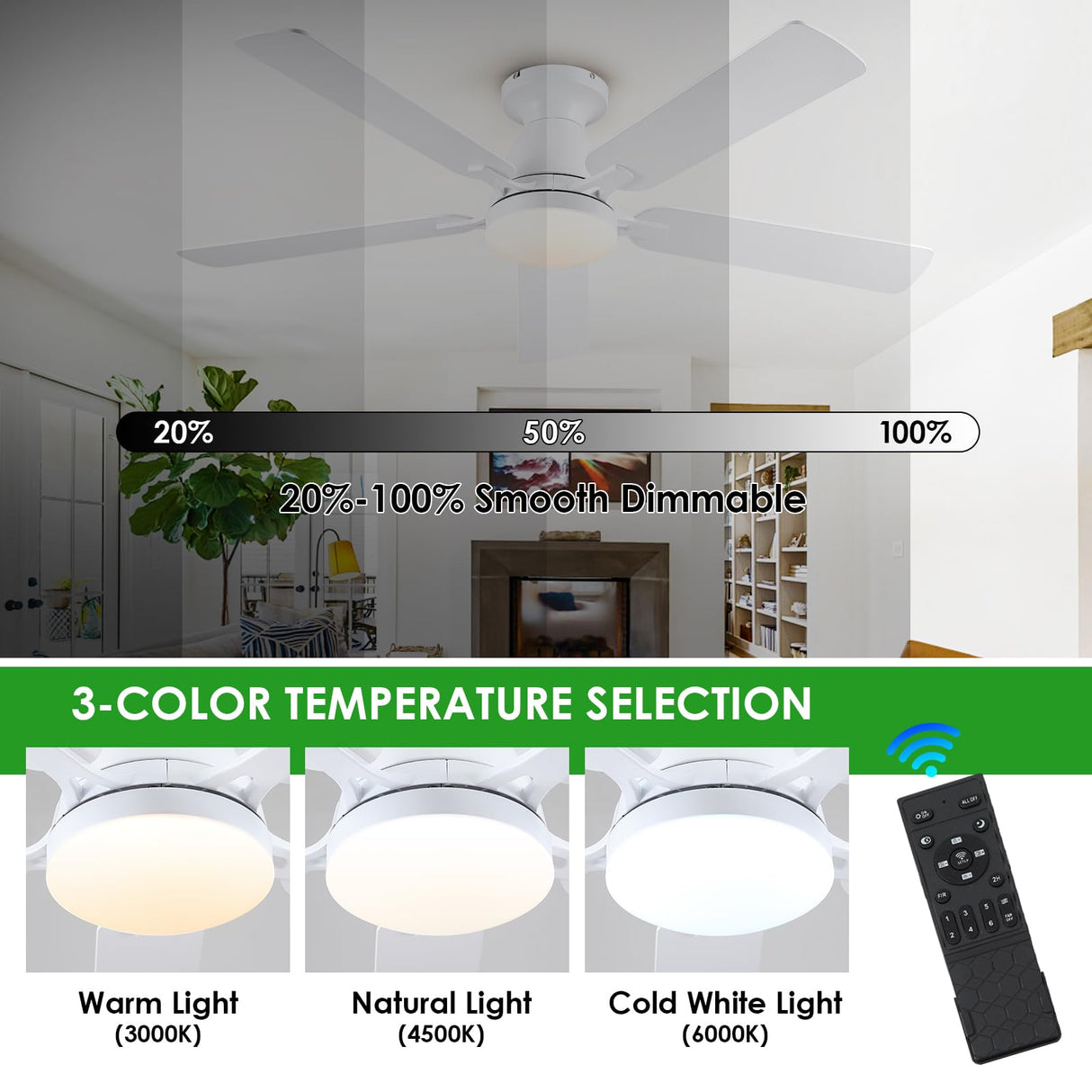 Ceiling Fans with Lights- 52" Low Profile Indoor Ceiling Fan with Light and Remote/APP Control, Flush Mount, LED Dimmable DC Reversible Modern Ceiling Fan for Bedroom（White） Mpayel